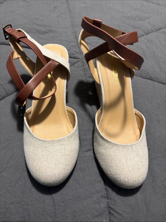Soda Shoes - Soda Two-Tone Espadrille Wedge Sandals - Cream Upper with Brown Straps